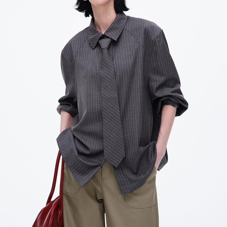 Wool Blend Striped Shirt With Detachable Tie