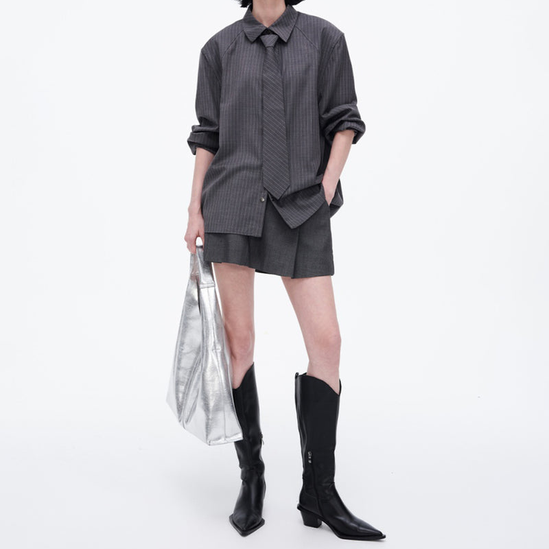 Wool Blend Striped Shirt With Detachable Tie