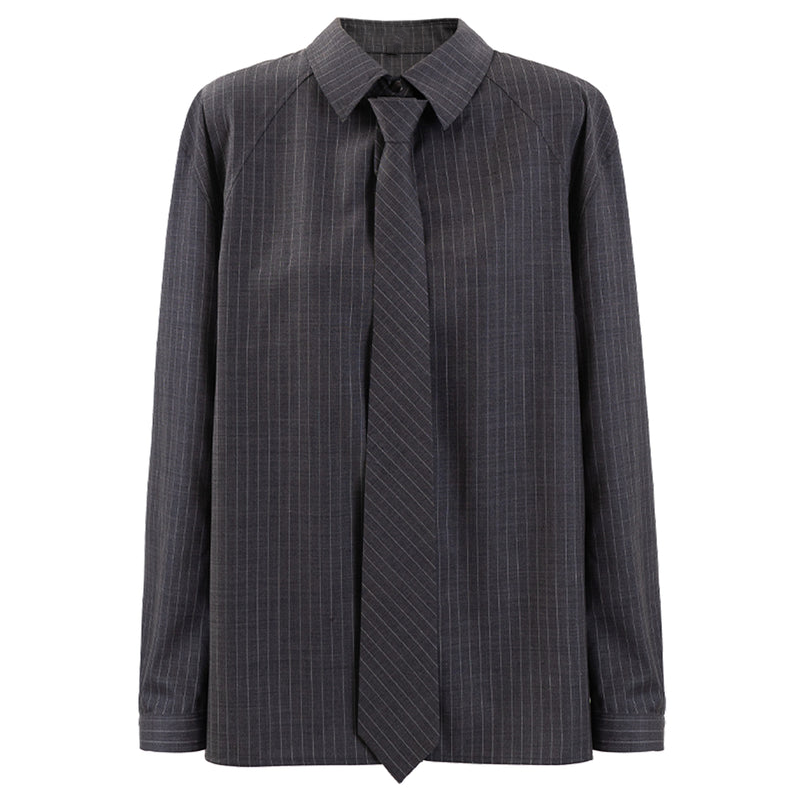 Wool Blend Striped Shirt With Detachable Tie