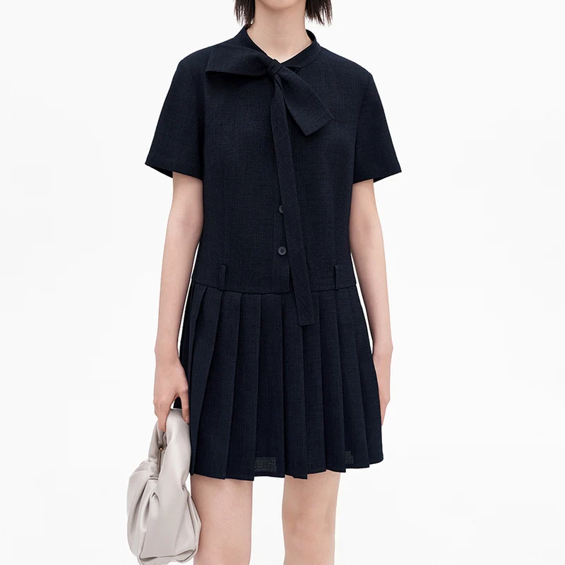 Linen Look Bow Collar Pleated Mini Dress