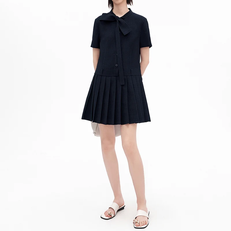 Linen Look Bow Collar Pleated Mini Dress