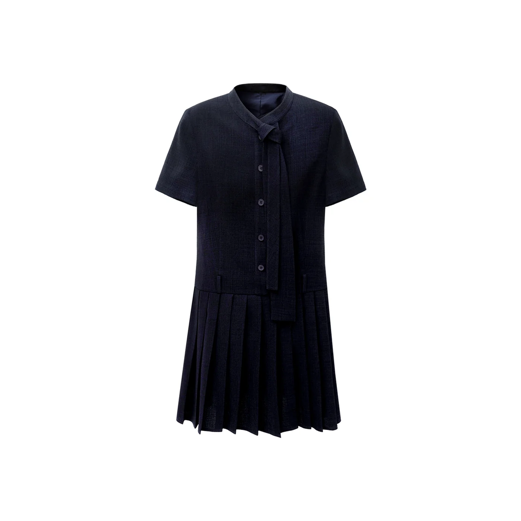 Linen Look Bow Collar Pleated Mini Dress