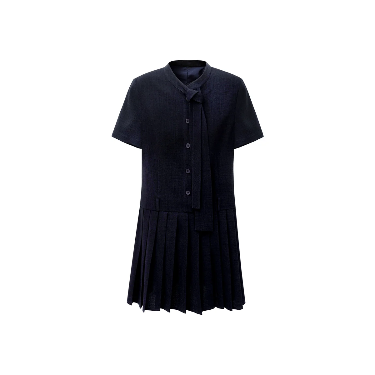 Linen Look Bow Collar Pleated Mini Dress