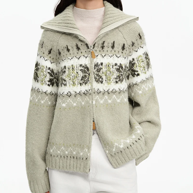 Wool Blend Fair Isle Collar Knit Cardigan