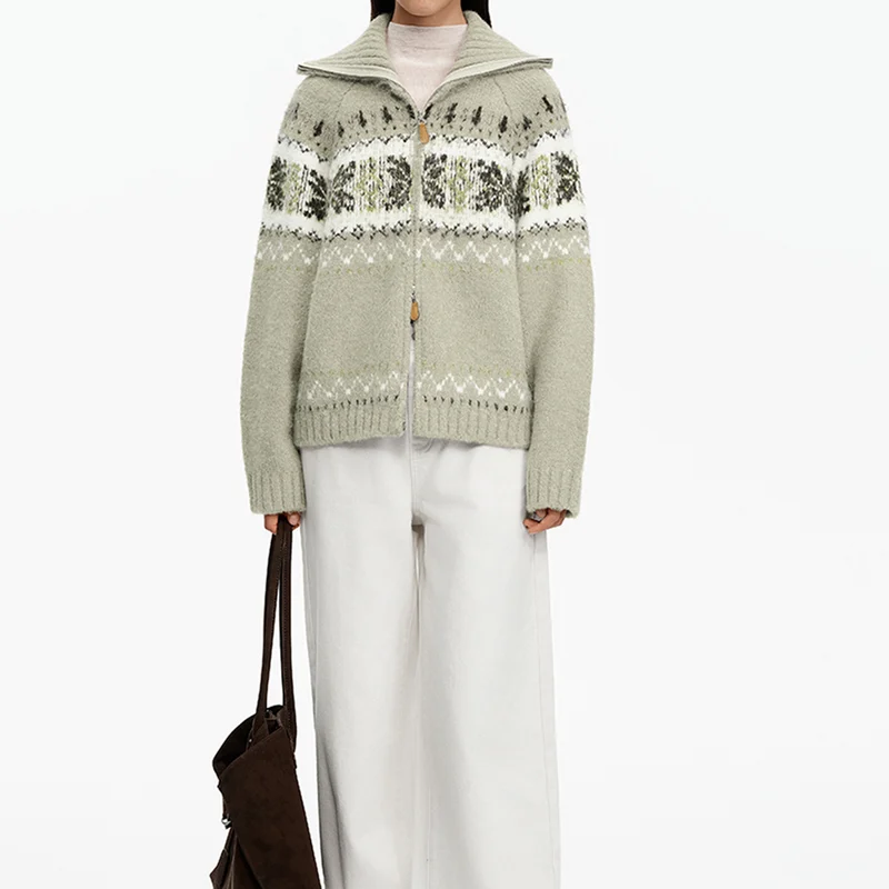 Wool Blend Fair Isle Collar Knit Cardigan