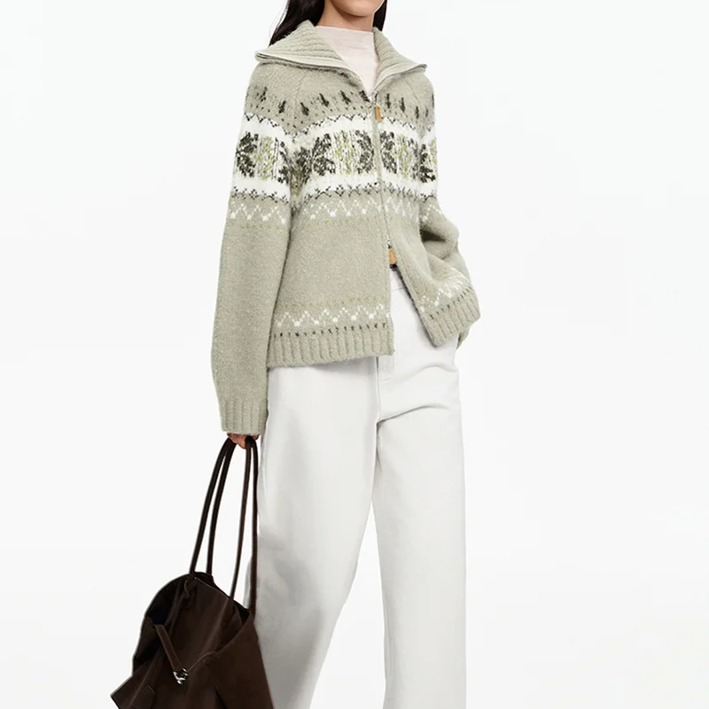 Wool Blend Fair Isle Collar Knit Cardigan